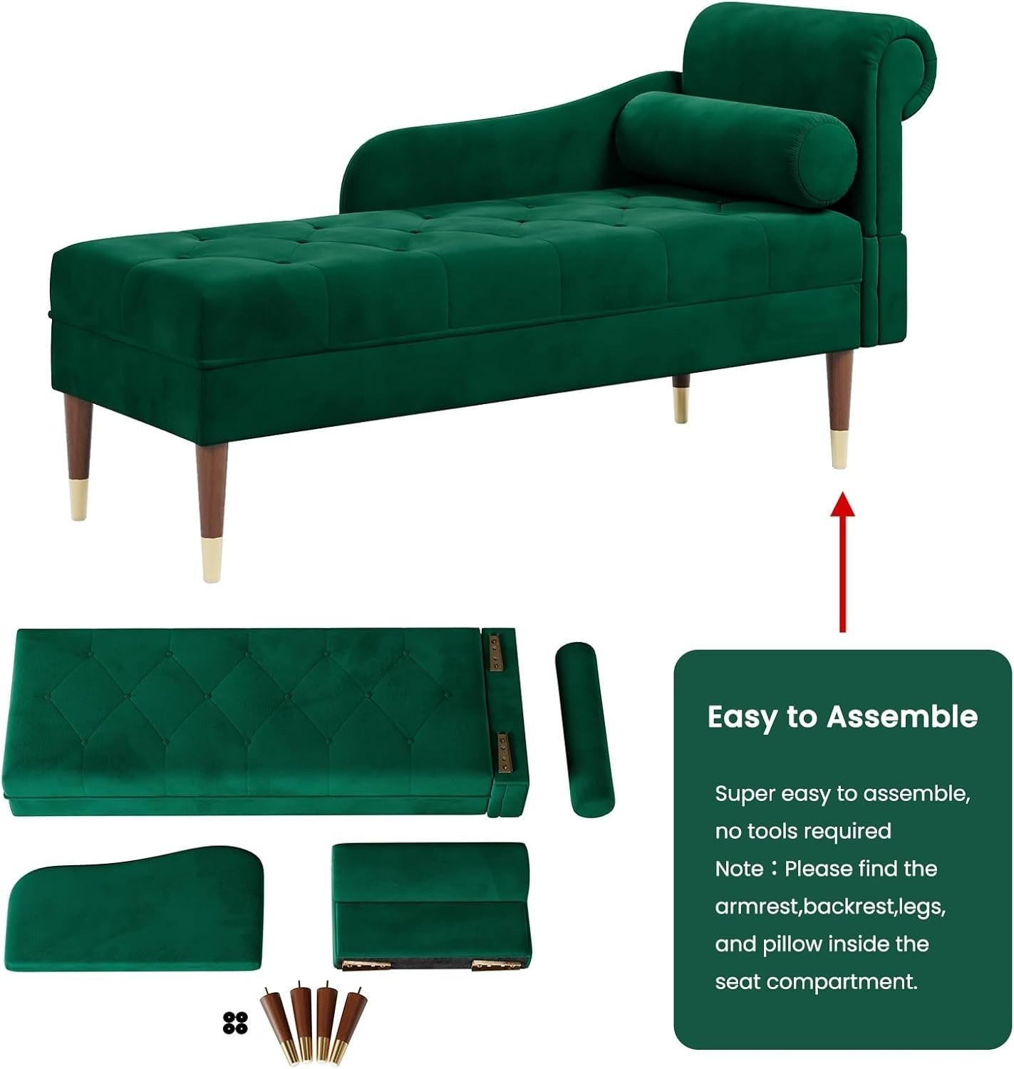 Luxury Green Velvet Chaise Lounge Sofa Right Armrest – Space-Saving & Comfy