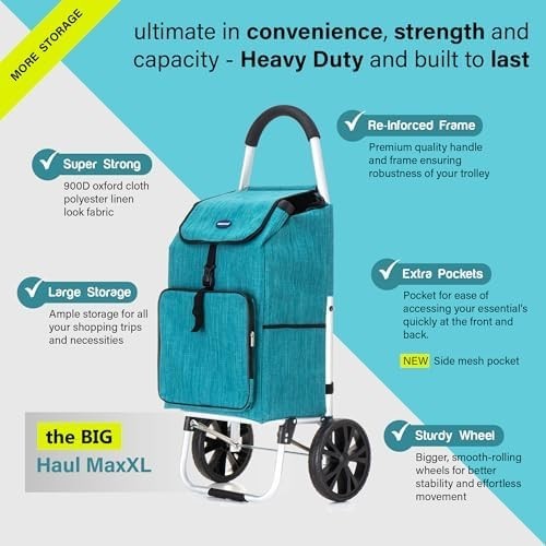Foldable 64L Shopping Trolley Teal Lightweight Cart with Wheels