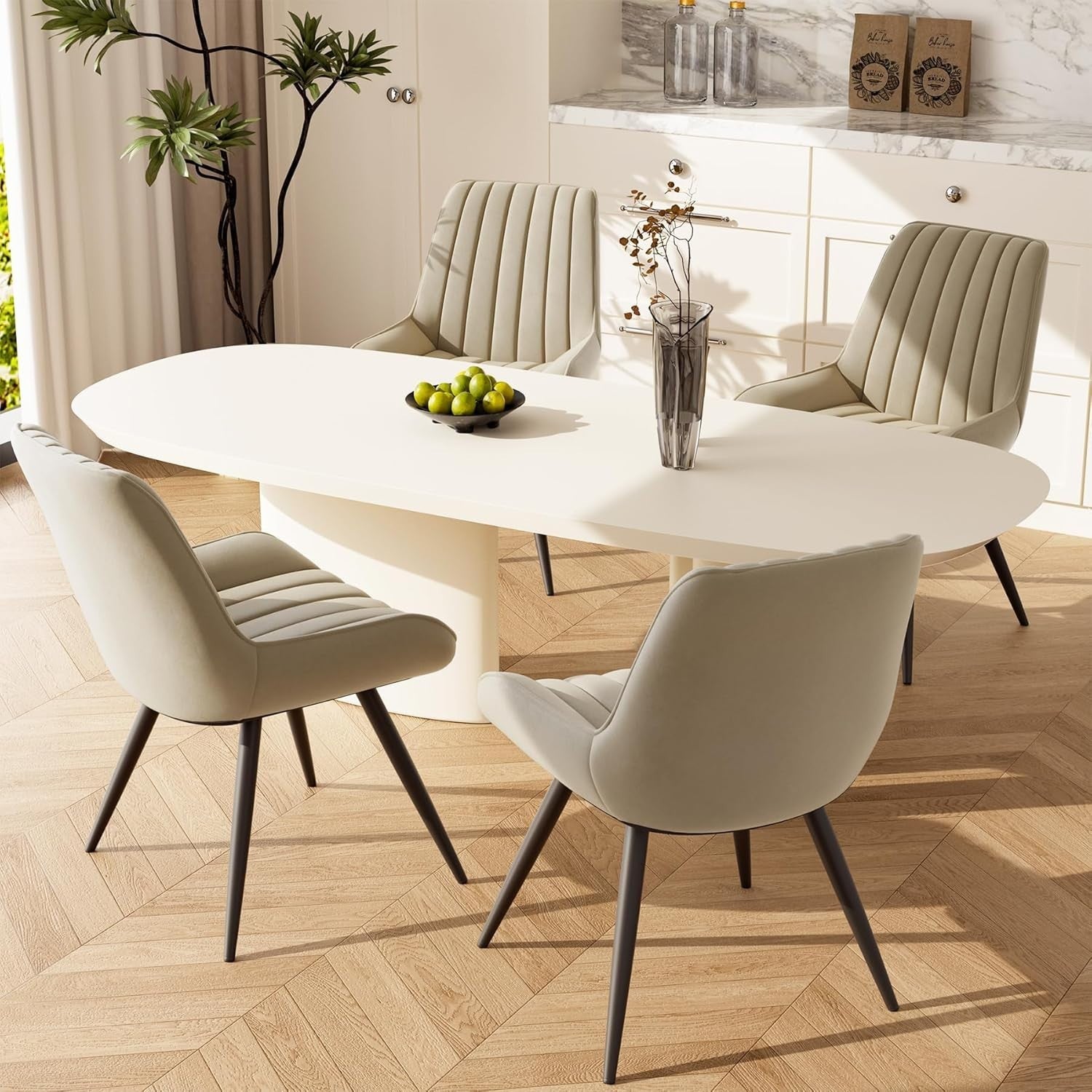 4 Beige Dining Chairs Upholstered Fabric Metal Legs Modern Padded Seat