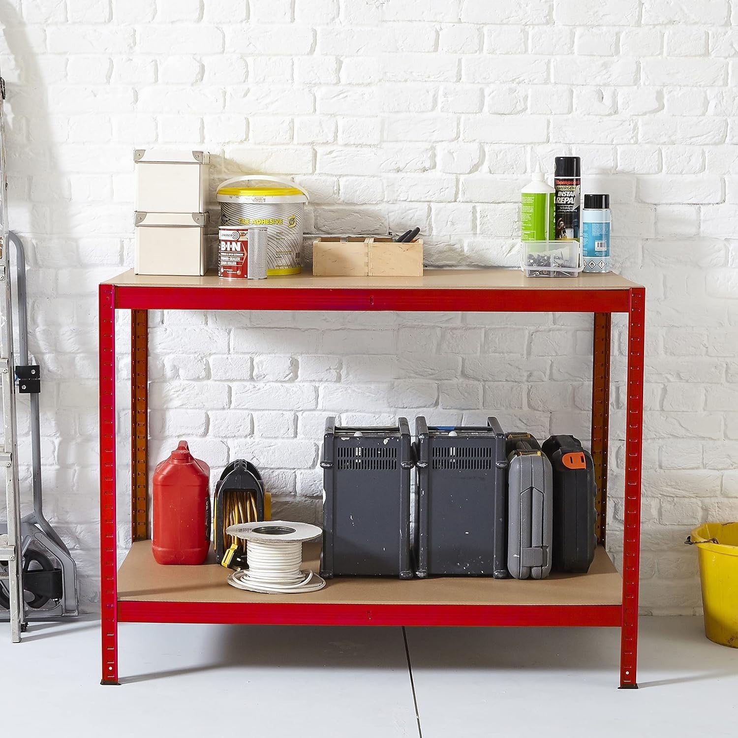 Heavy Duty Red Steel Workbench 120x60x90cm Boltless MDF Garage Table
