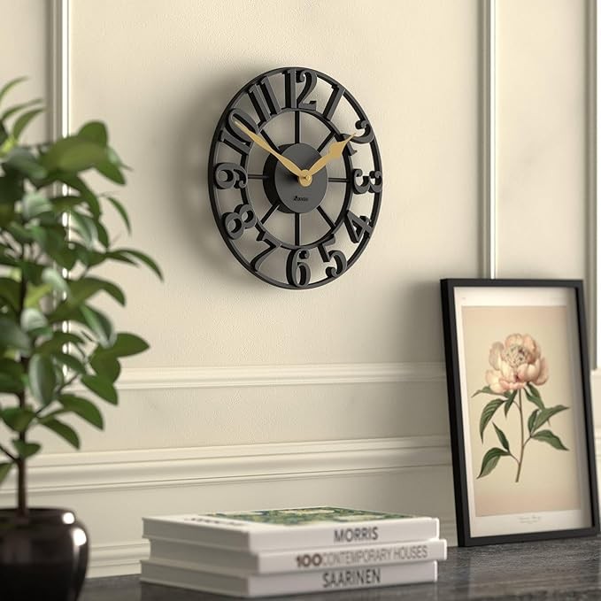 30cm Black Skeleton Wall Clock Silent Modern Raised Numerals Luxury Home Decor