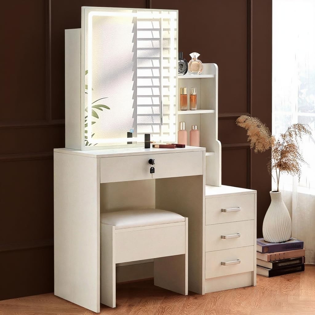 White LED Vanity Dressing Table Makeup Desk Set Sliding Mirror & Stool 4 Drawers