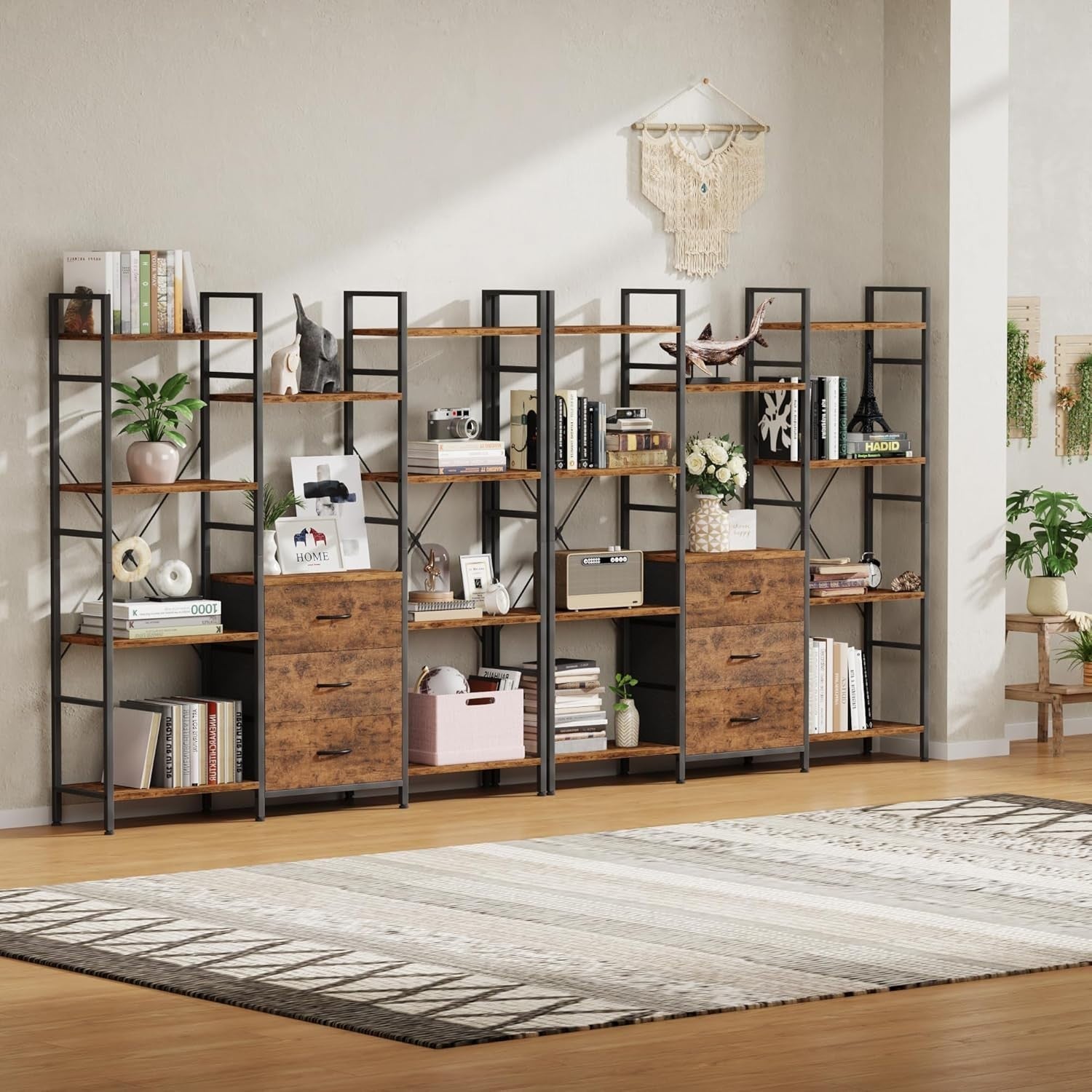 100cm Wide 4-Tier Tall Bookcase with 3 Fabric Drawers Industrial Storage Unit