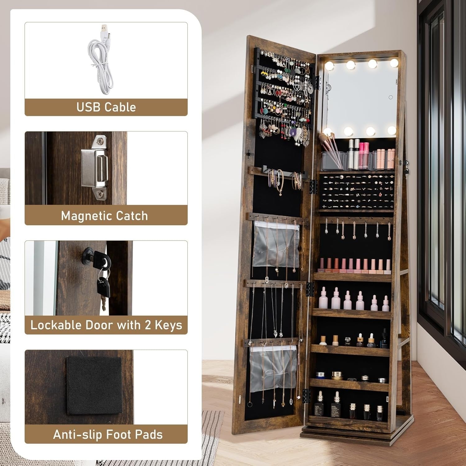 Rustic Brown Swivel Jewelry Cabinet LED Makeup Mirror Lockable Storage