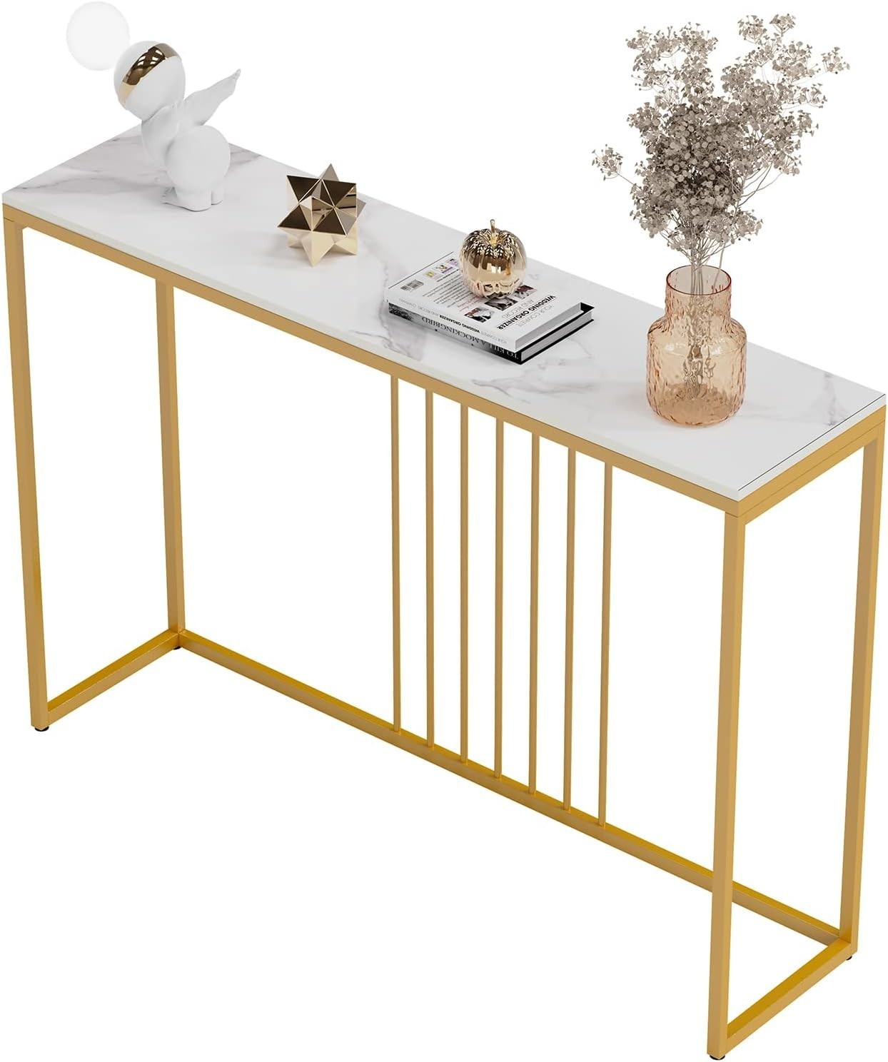 120cm White Marble Console Table – Gold Frame Slim Hallway Side Desk