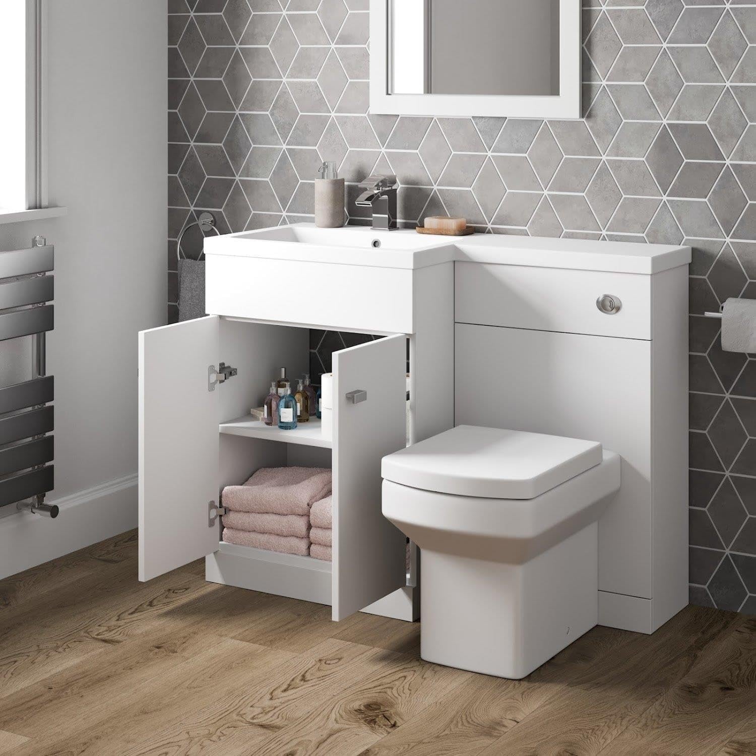 1100mm L Shape Bathroom Vanity Unit with Basin & Toilet Left Hand Gloss White