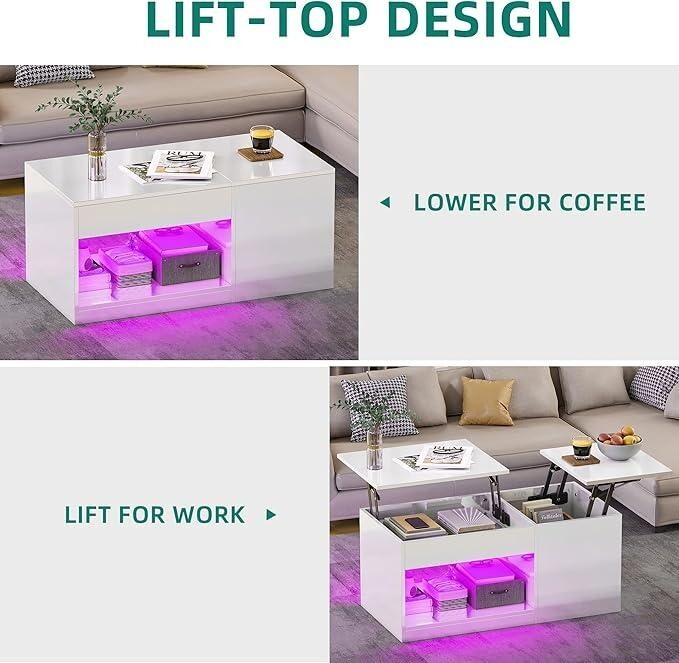 Lift Top LED Coffee Table White Gloss Storage RGB Light Desk Living Room