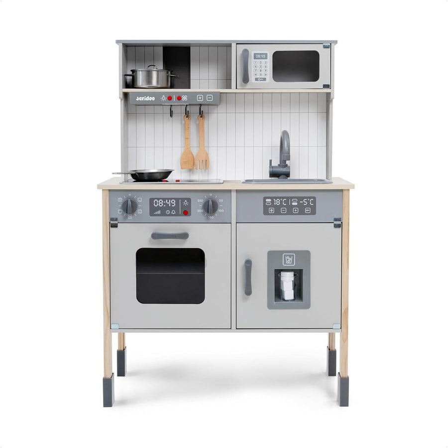 Wooden Kids Play Kitchen Light Up Oven Microwave Ice Maker Toy Set