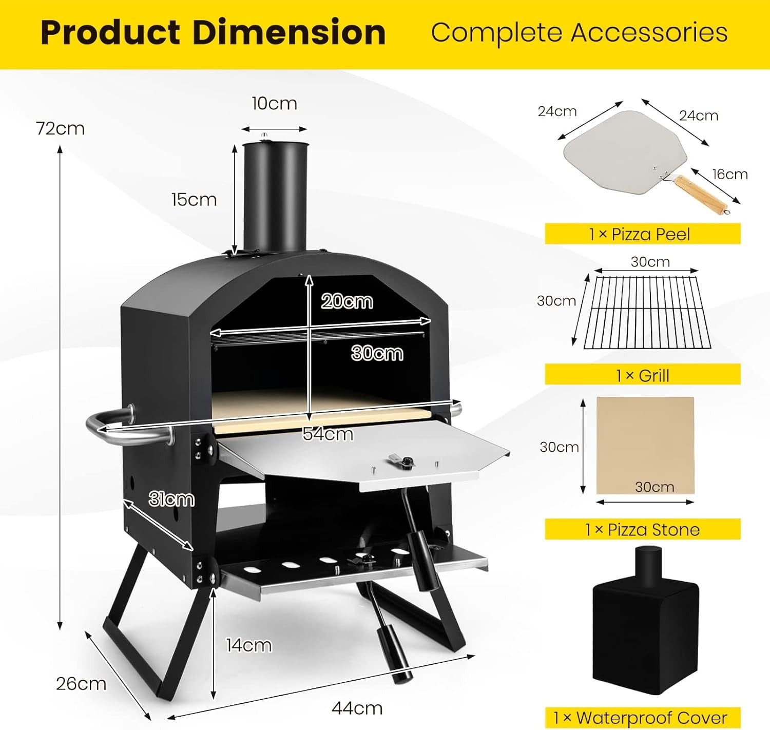 2-Layer Outdoor Wood Fired Pizza Oven with Stone, Peel & Waterproof Cover
