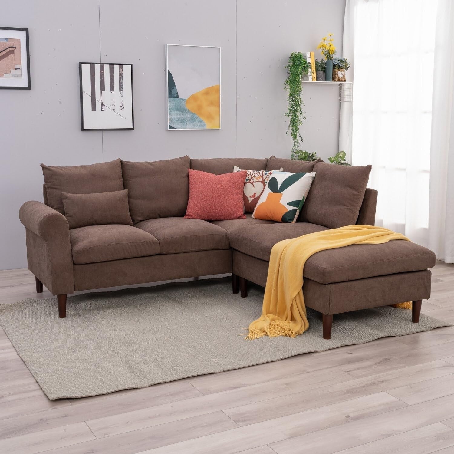 5 Seater Corner Sofa w/ Chaise & USB Charging Port – Brown Linen, Left Arm