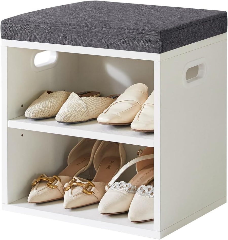 2-Tier Shoe Storage Bench with Padded Seat & Adjustable Shelves, White