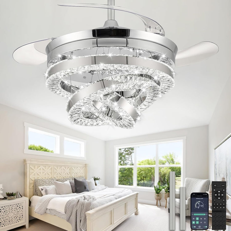42" Crystal Ceiling Fan, 6 Speeds, Dimmable LED, Remote, Reversible