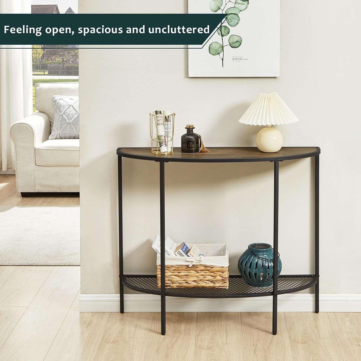 Slim Half Moon Console Table Grey with Shelf, Narrow Entryway Hall Table