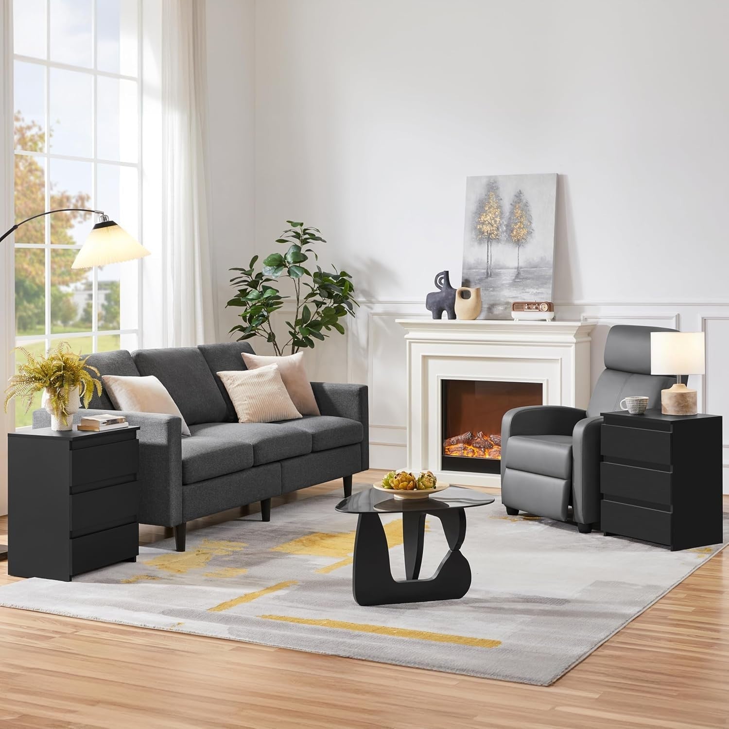Set of 2 Black Bedside Tables with Drawers Modern Wooden Nightstands Bedroom