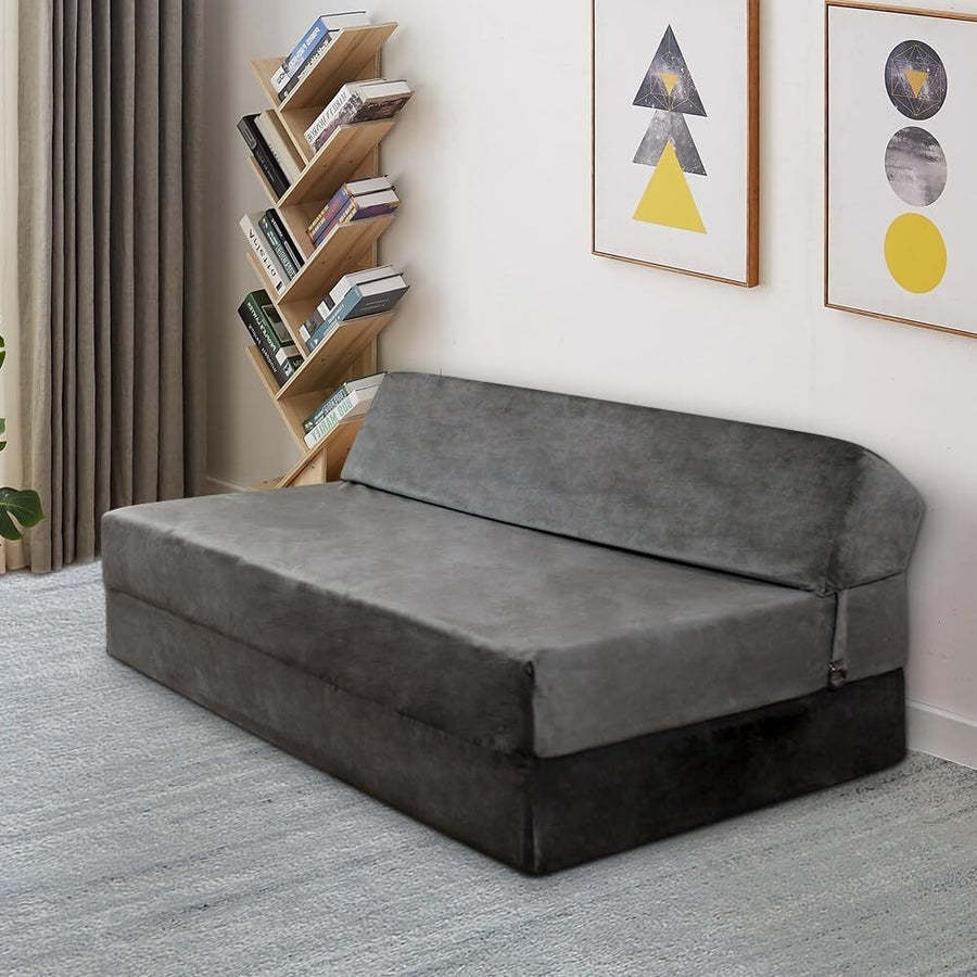 Folding Z Bed Sofa Chair Double Futon Mattress Grey Velvet Guest Bed
