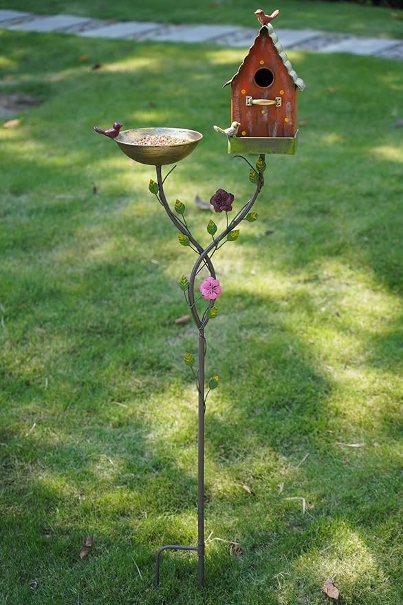 37" Cast Iron Bird Bath 3-in-1 Feeder & Birdhouse – Outdoor Garden Décor
