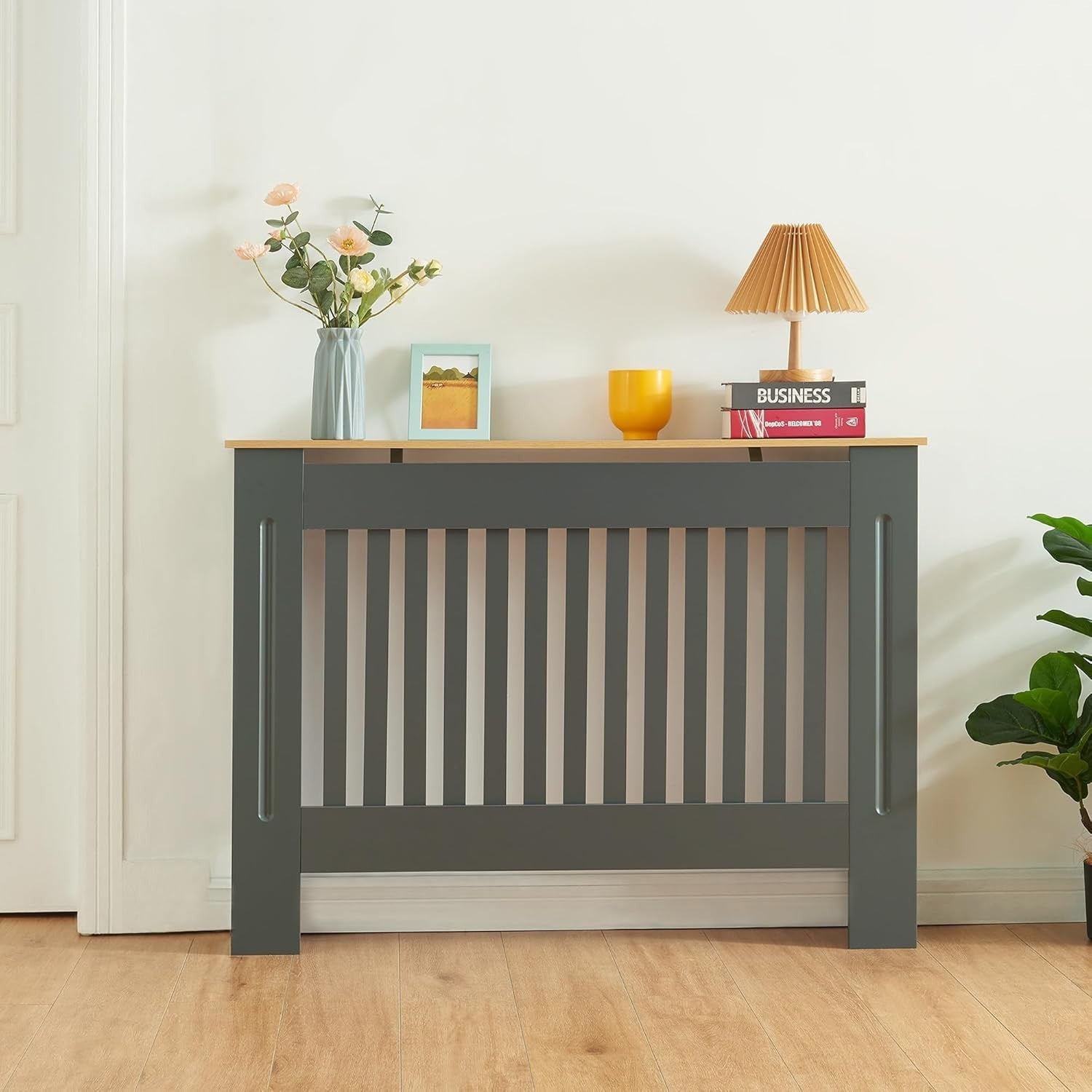 Modern Grey Radiator Cover Medium Slatted Wood Cabinet 112cm Stylish Shelf