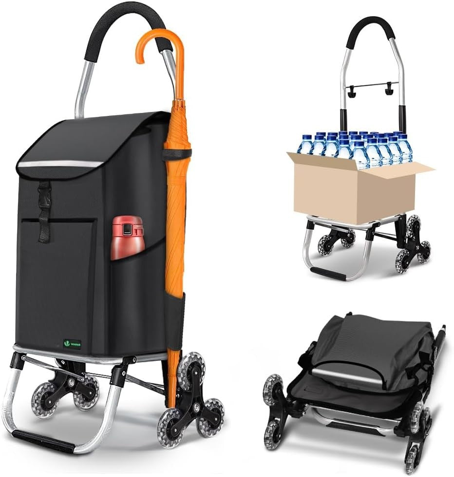 58L Folding 6-Wheel Shopping Trolley Black Stair Climbing Cart