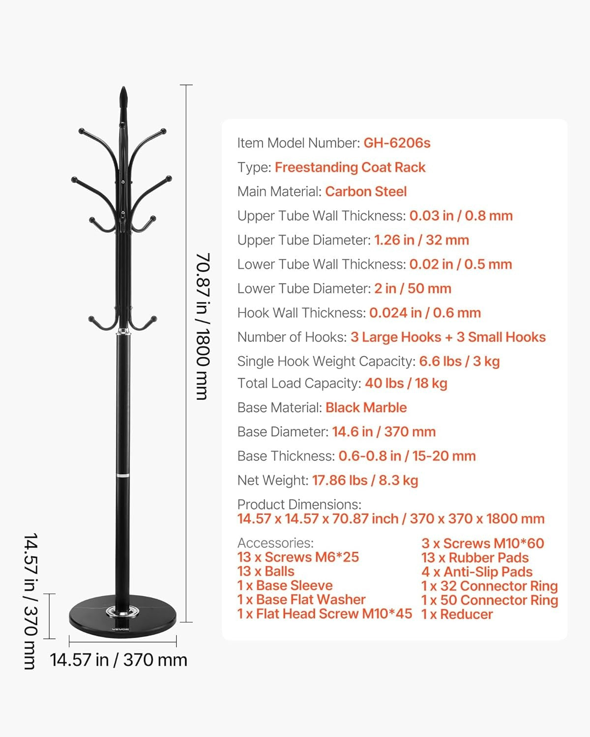 Freestanding Coat Rack with Marble Base | 6 Hook Metal Hall Tree Stand
