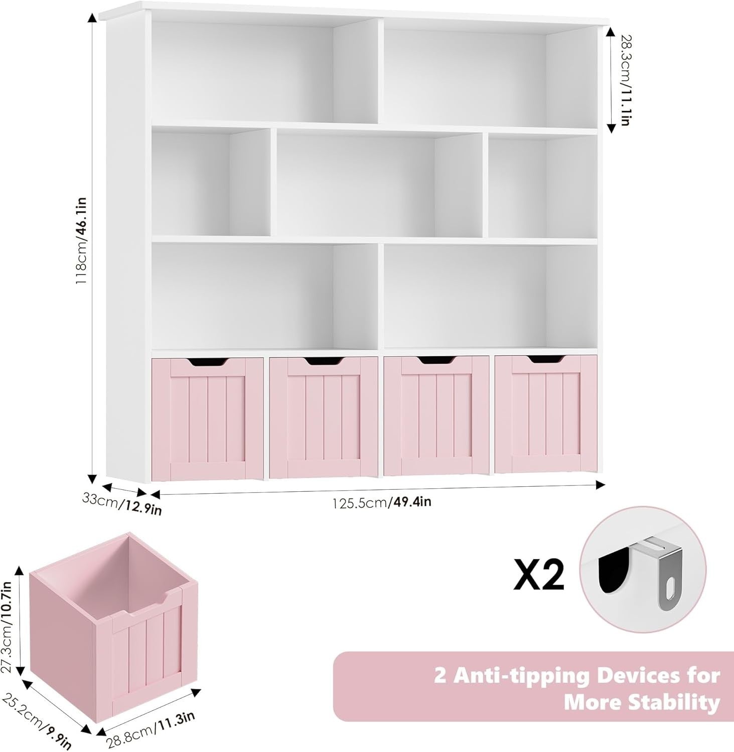 Kids Toy Storage Unit with 7 Shelves & 4 Drawers on Wheels – Pink+White Organize
