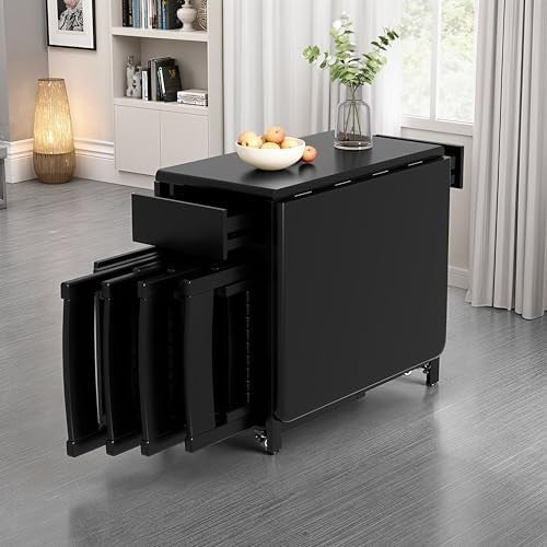Folding Dining Table Set with Storage Drawers & 6 Chairs Black Wood