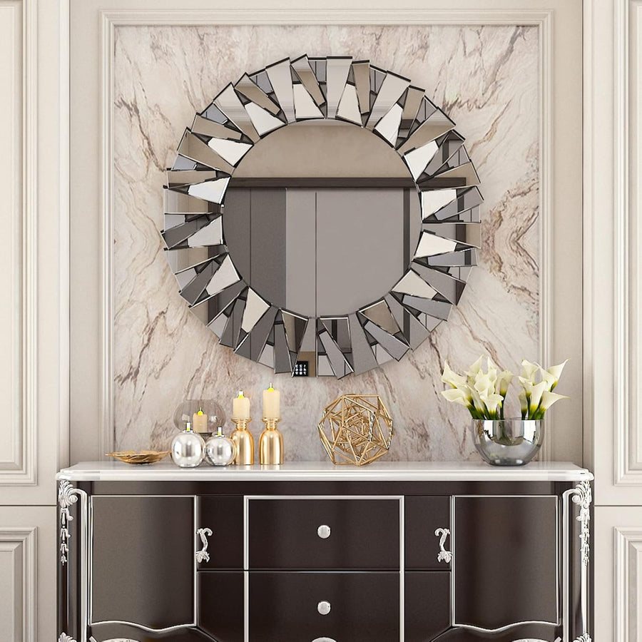 Large 80cm Round Sunburst Wall Mirror - Beveled Glass, Decorative Home Decor