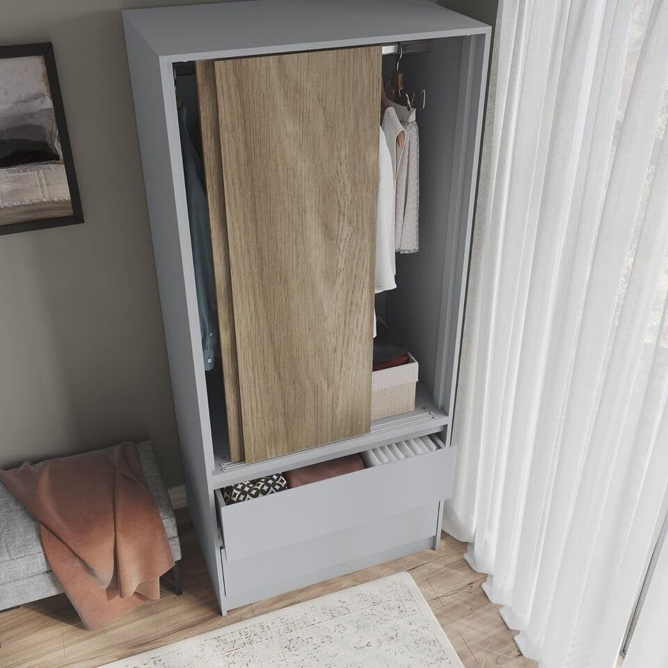 2-Door 2-Drawer Sliding Wardrobe with Hanging Rail & Silent Doors, Bedroom