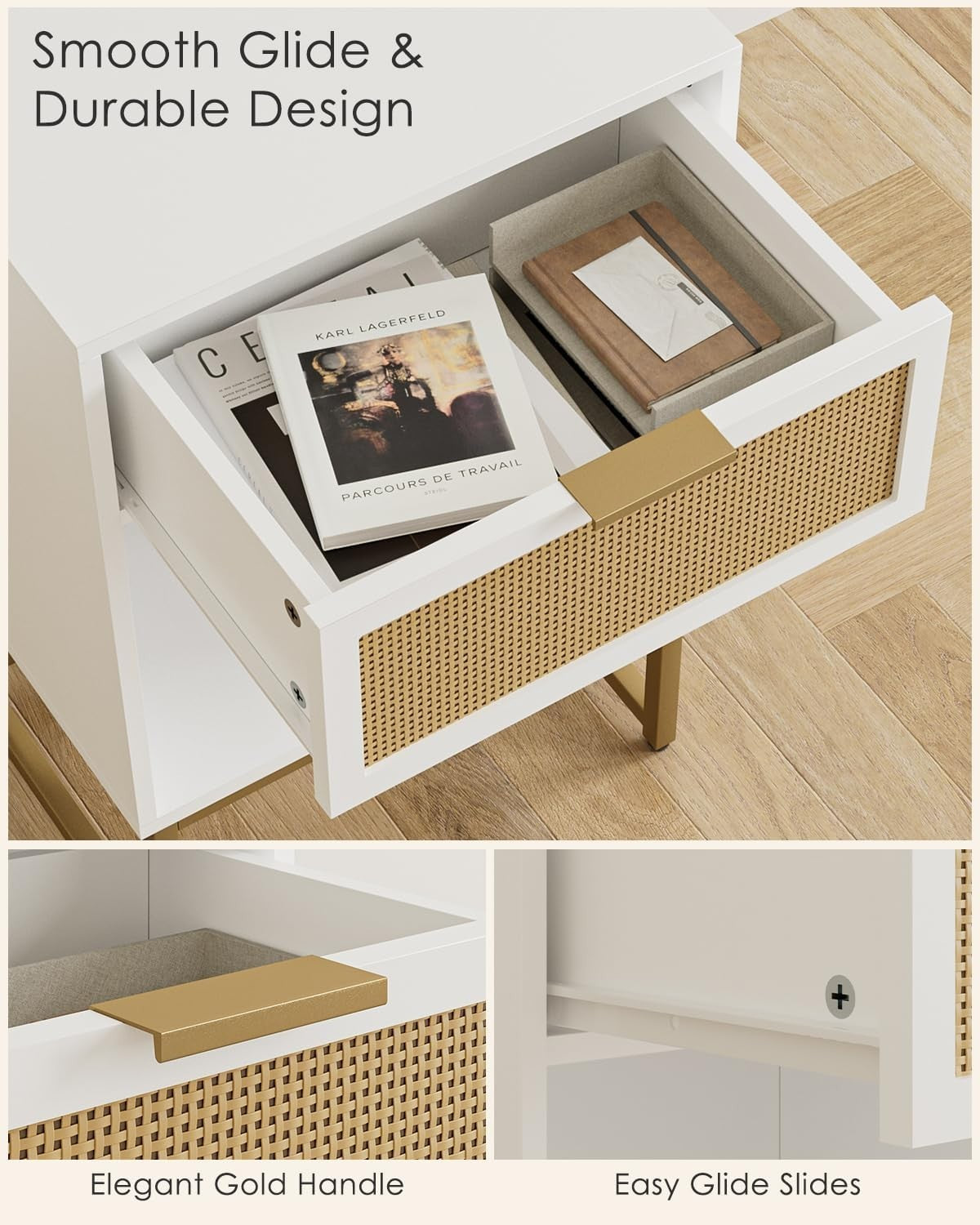 Modern White Rattan Bedside Table with Drawer & Shelf – Gold Metal Legs