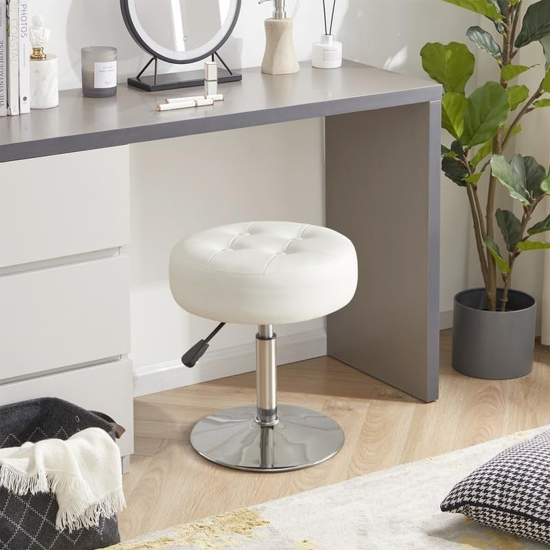 White PU Leather Swivel Vanity Stool – Adjustable Tufted Round Makeup Chair