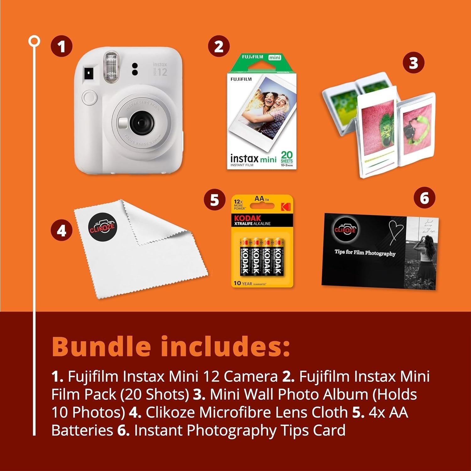Instant Camera Bundle White 20 Film Shots Wall Album Selfie Lens