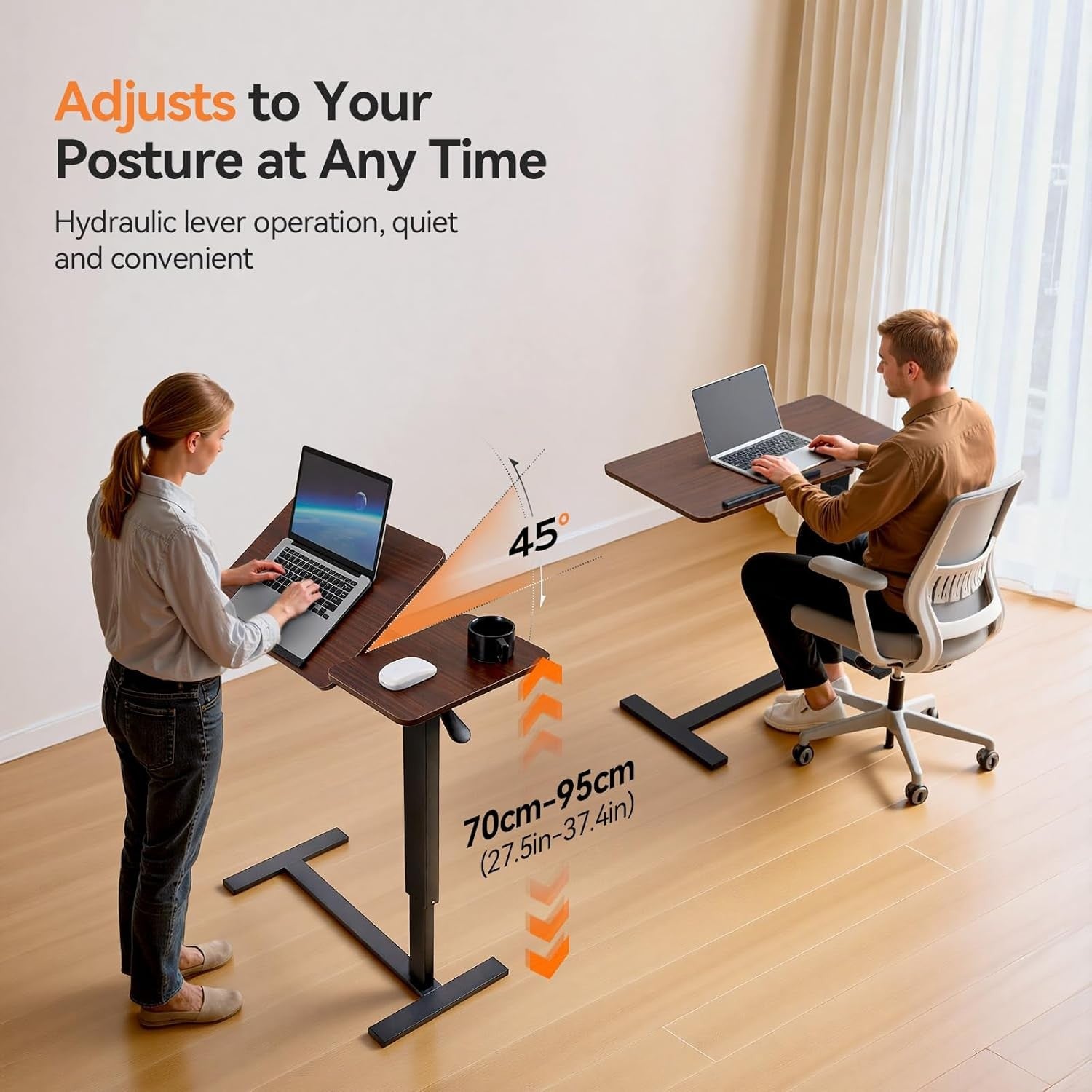 Overbed Laptop Table Height Adjustable Rolling Desk with Tilting Top 80x40cm