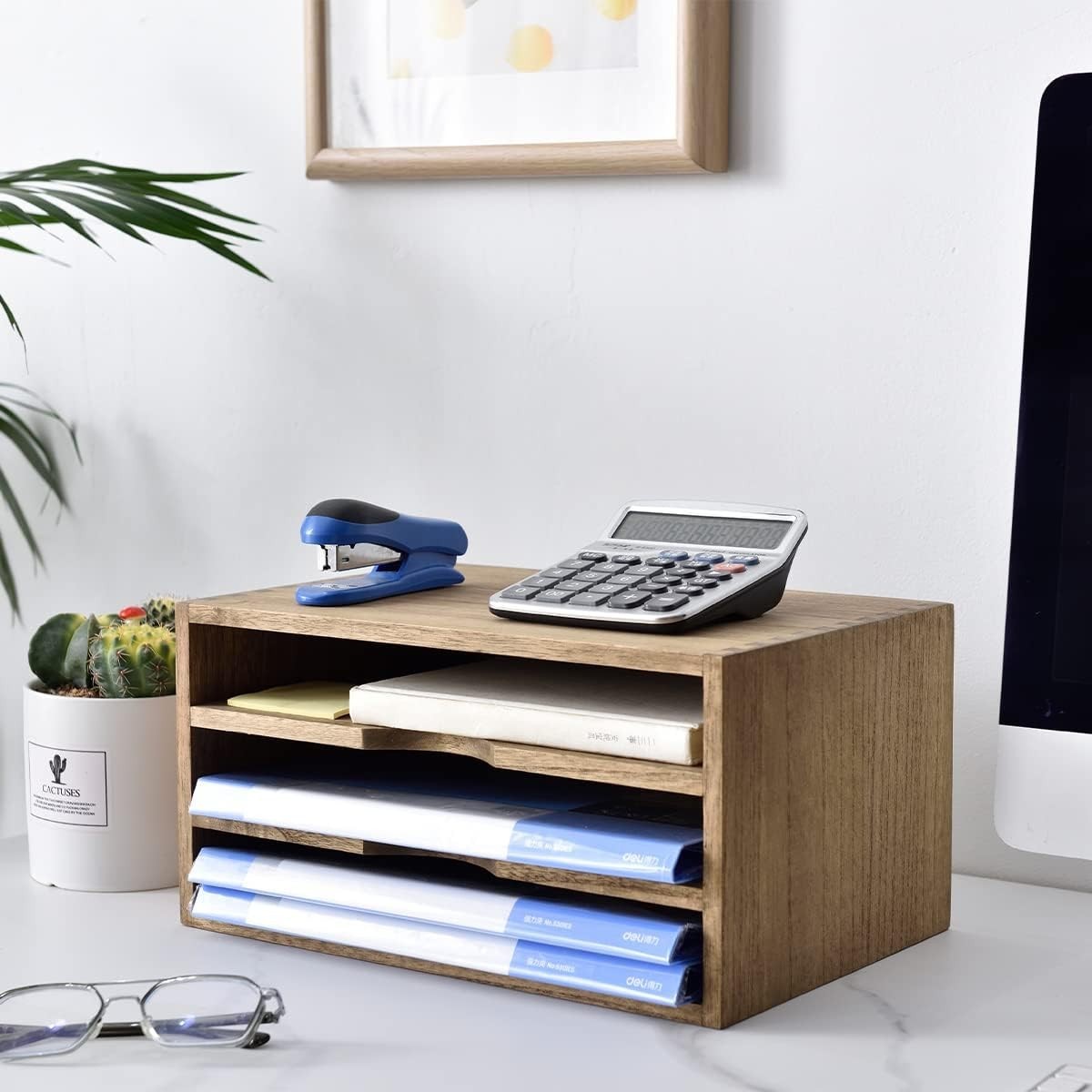 Wooden Desk Organizer 3 Compartment Tray Desktop Storage Holder Dark Brown