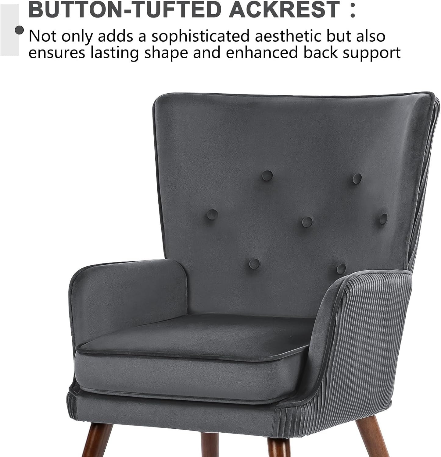 Velvet Wingback Armchair Grey Tufted Accent Chair High Back Reading
