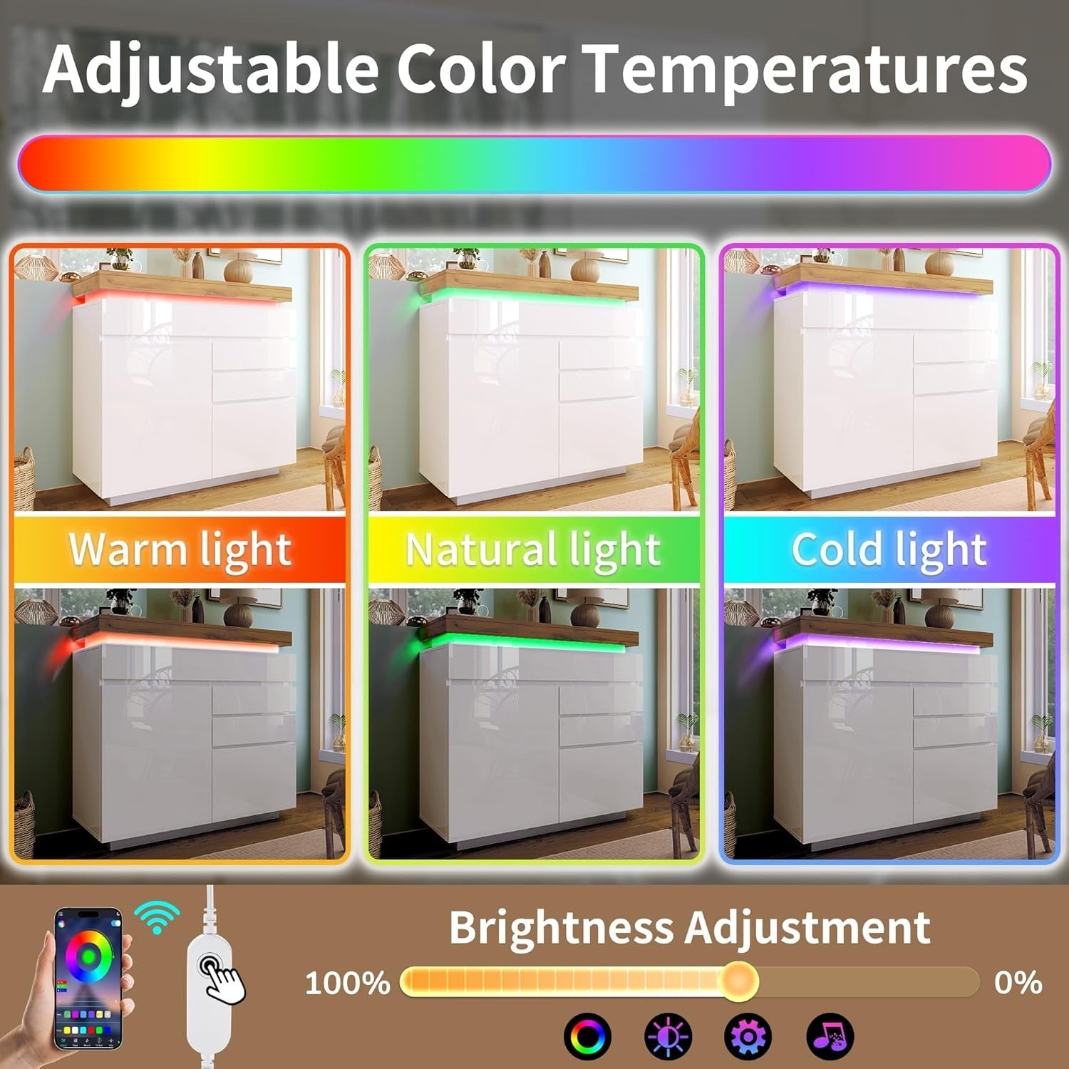 Modern LED Sideboard Cabinet Gloss 3 Drawer 2 Door Storage Unit White