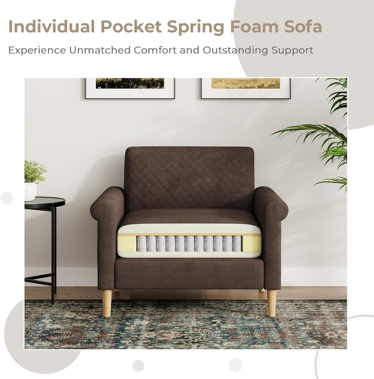 3 Seater Sofa Armchair Set Brown – Pocket Storage, Tool-Free Assembly