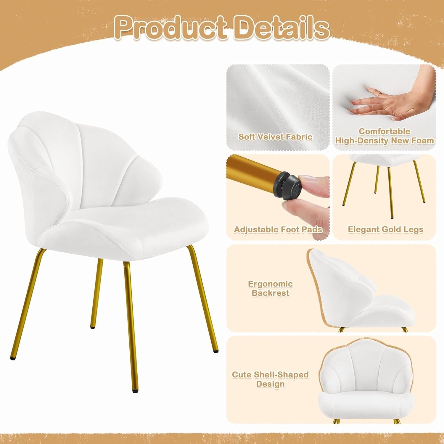 White Velvet Shell Chair Gold Legs Makeup Vanity Seat Bedroom Accent