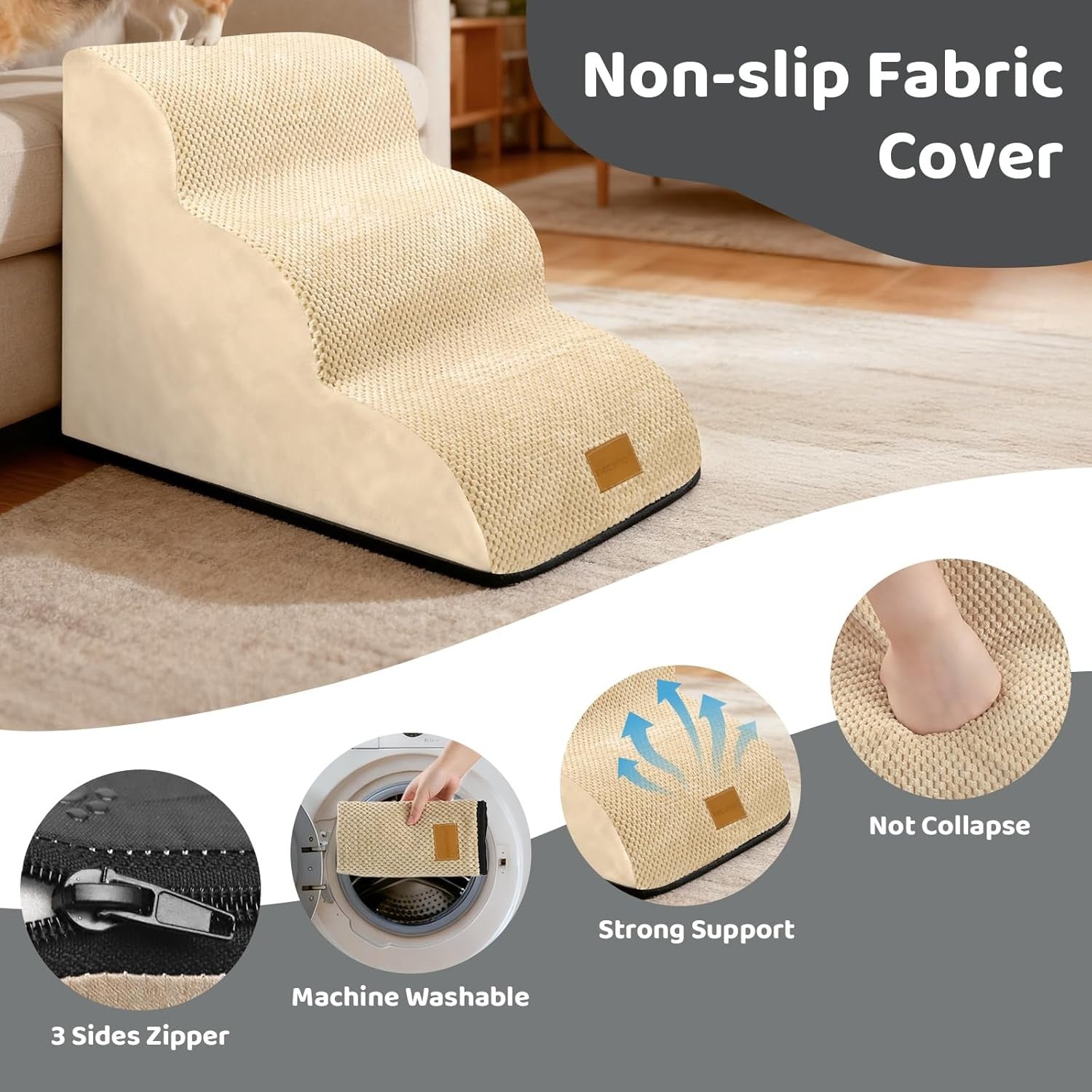 Dog Steps for Bed 3Step Non-Slip Pet Stairs Ladder Foam Ramp with Plush