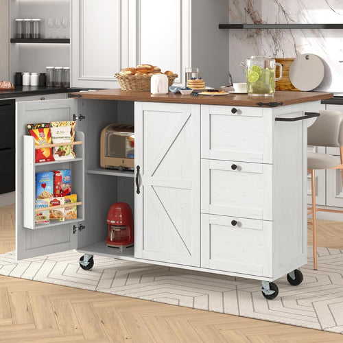 Kitchen Island Trolley with Extendable Worktop & 3 Drawers White 140x45cm