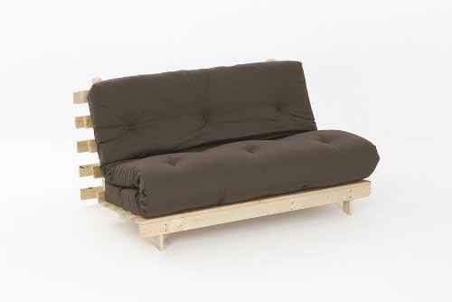 Small Double Wooden Futon Sofa Bed 4ft Tufted Wool Mattress Beige