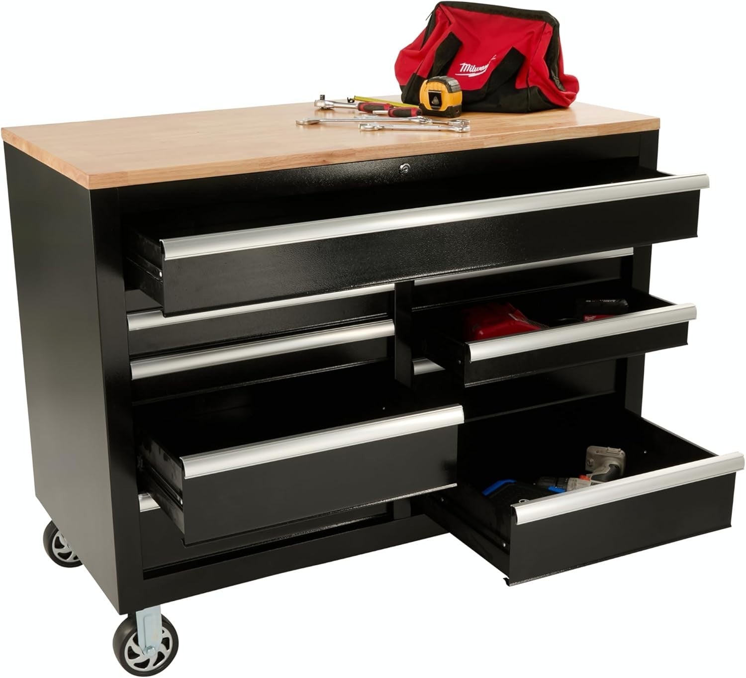 Mobile Rolling Workbench with 9 Drawers Solid Wood Top Locking Steel 1200mm
