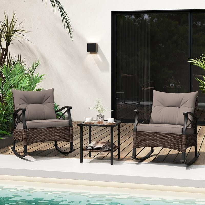 3PC Rattan Rocking Chair Set with Cushions & Glass Table for Garden Patio