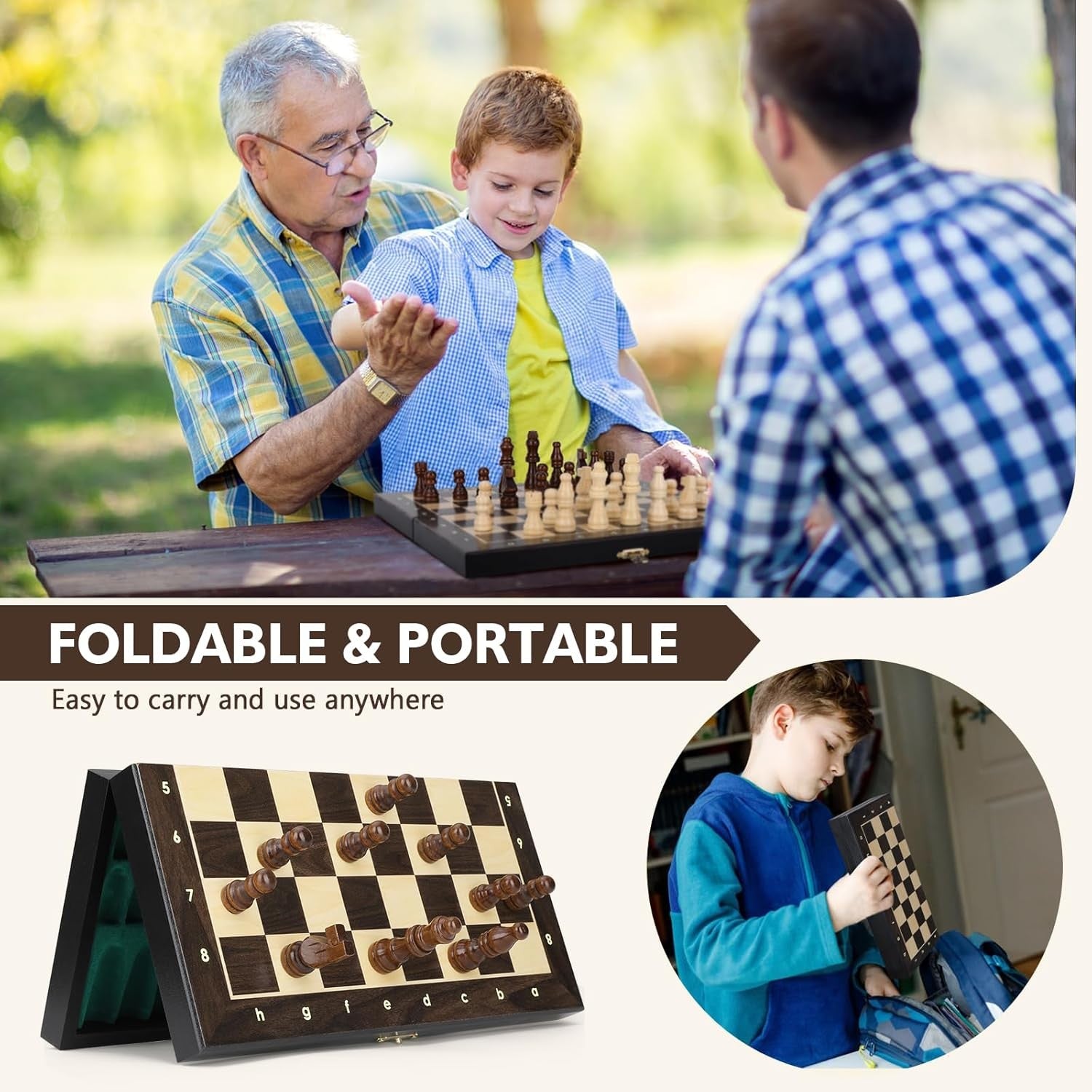 Wooden Magnetic Chess Set 30cm Folding Board w/ Storage & Extra Queens Dark