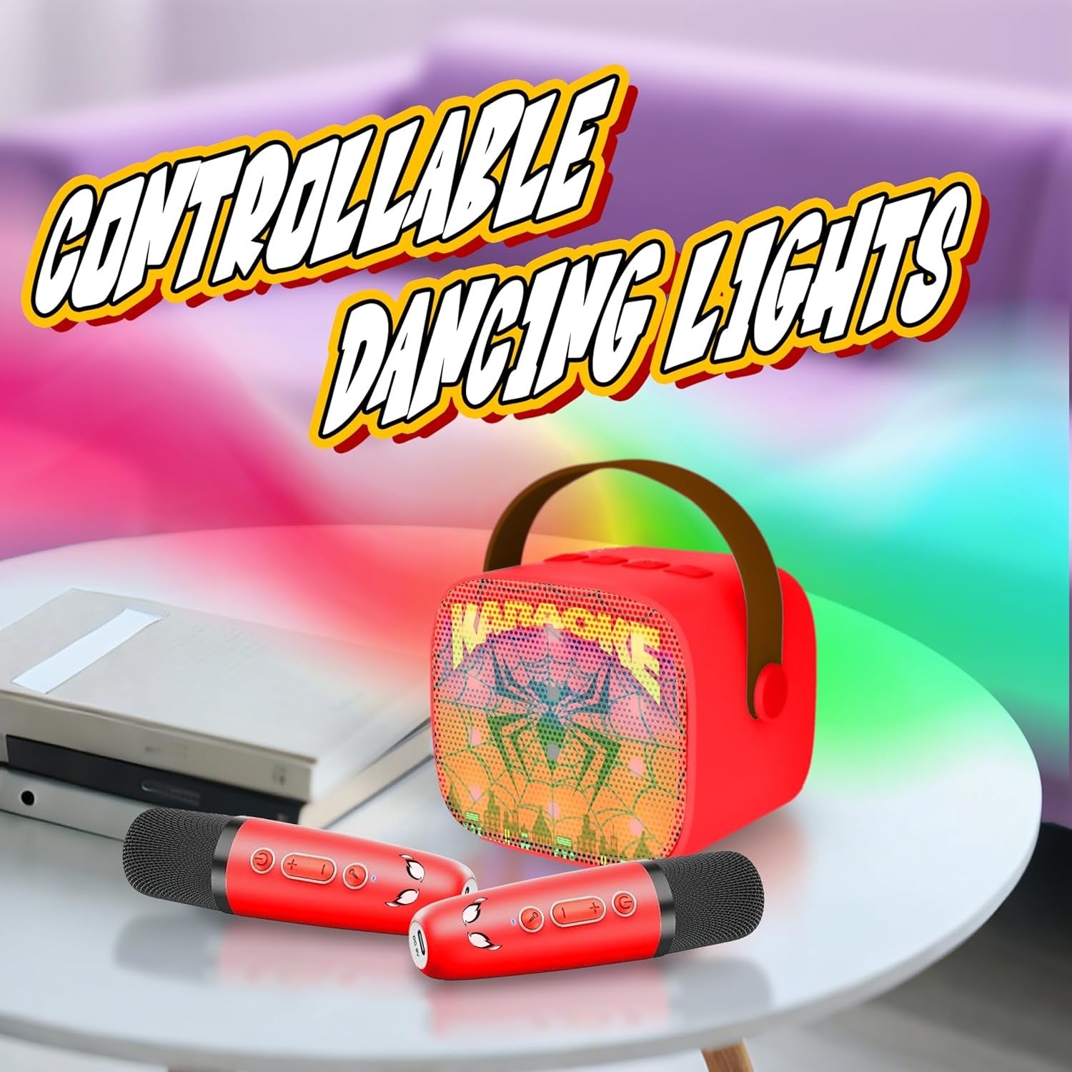 Spider Kids Karaoke Machine 2 Mics LED Lights Red Bluetooth