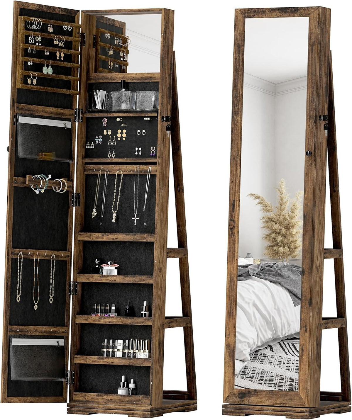 Rotating Jewelry Cabinet Full Length Mirror Lockable Freestanding Storage