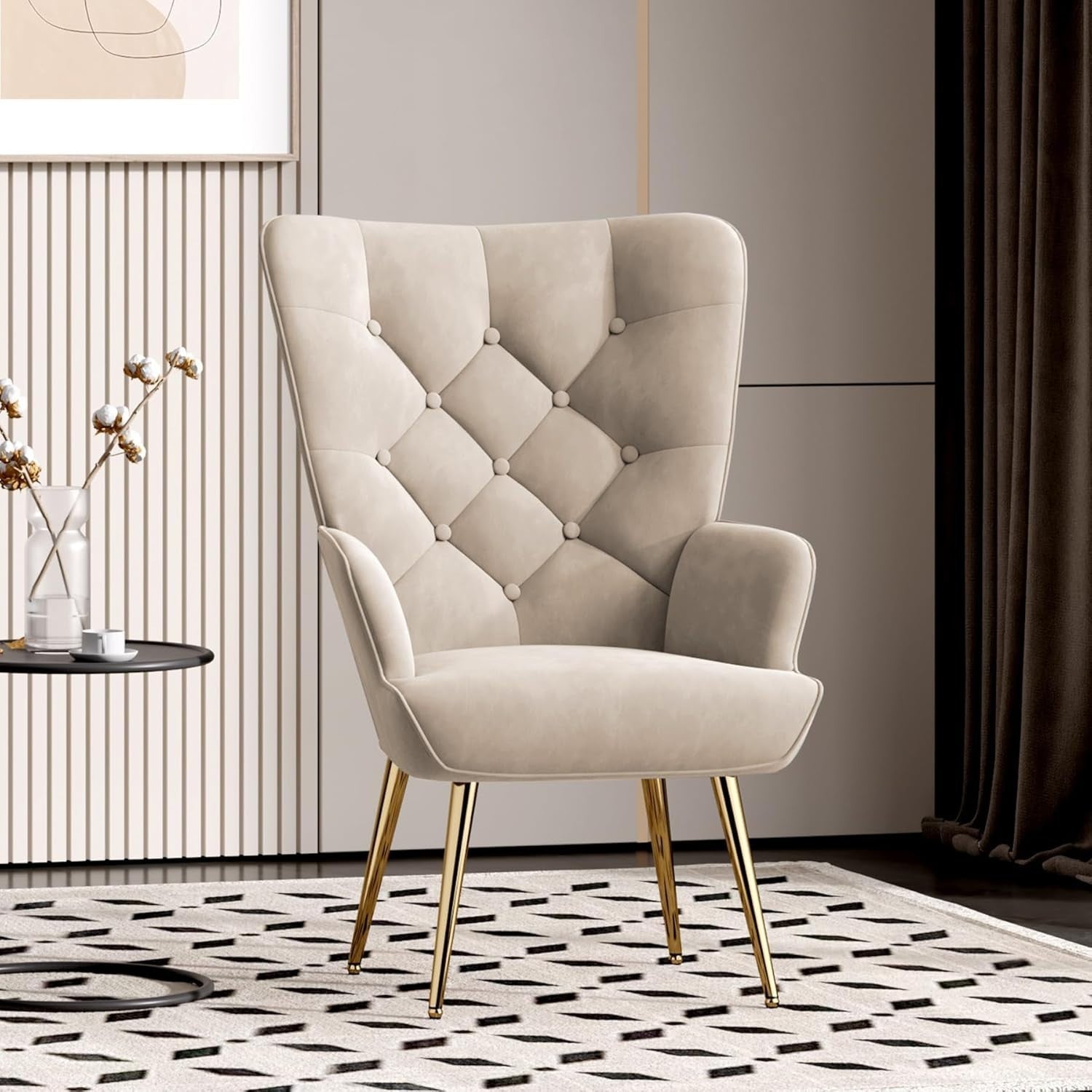 Beige Velvet Wing Back Chair High Back Memory Foam Gold Legs Living Room