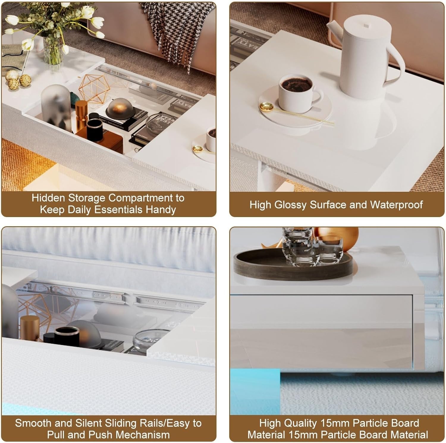 Modern White Coffee Table with Hidden Storage, Sliding Drawers & LED Lights