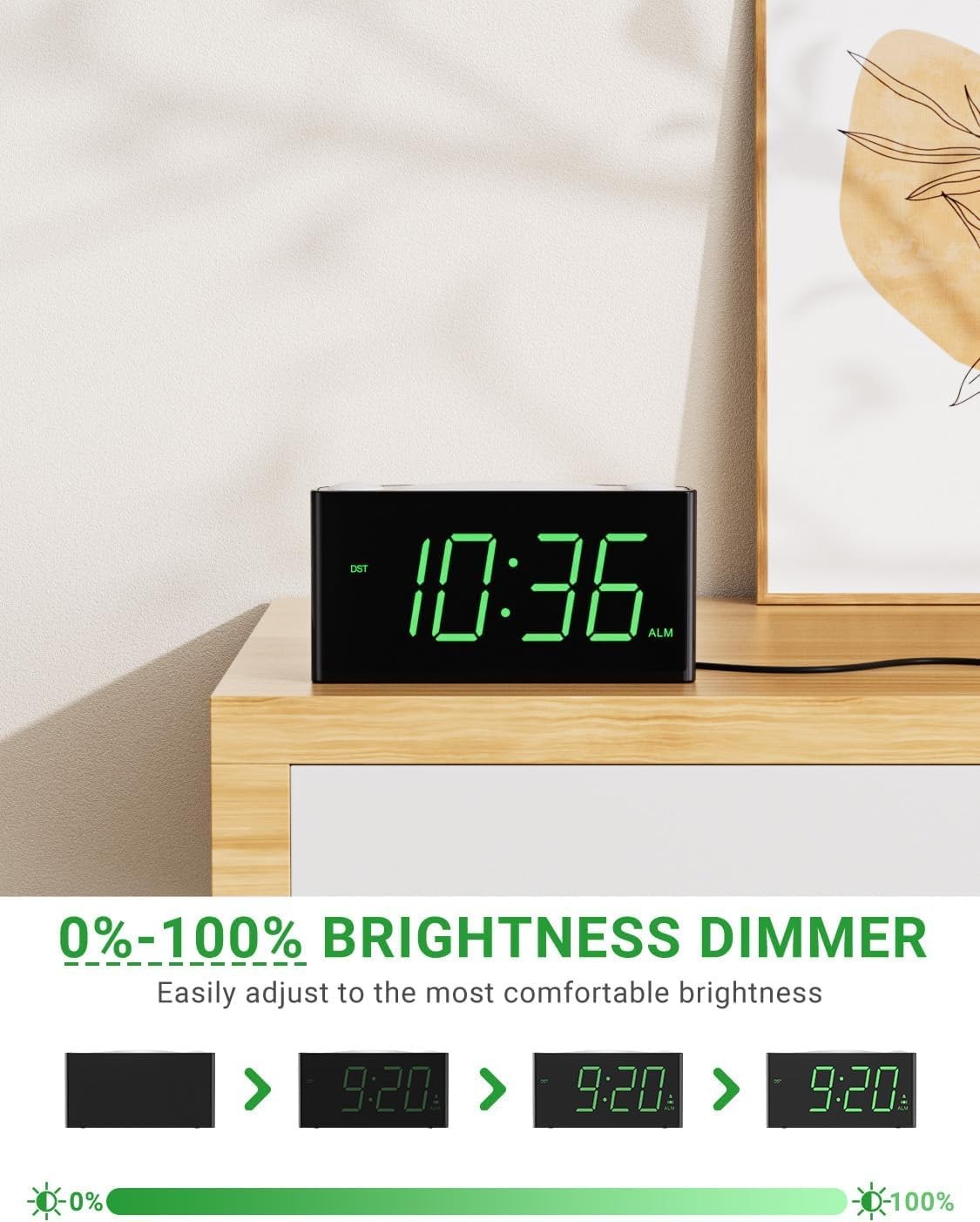 Black Extra Loud Vibrating Alarm Clock Bed Shaker Green LED Display USB
