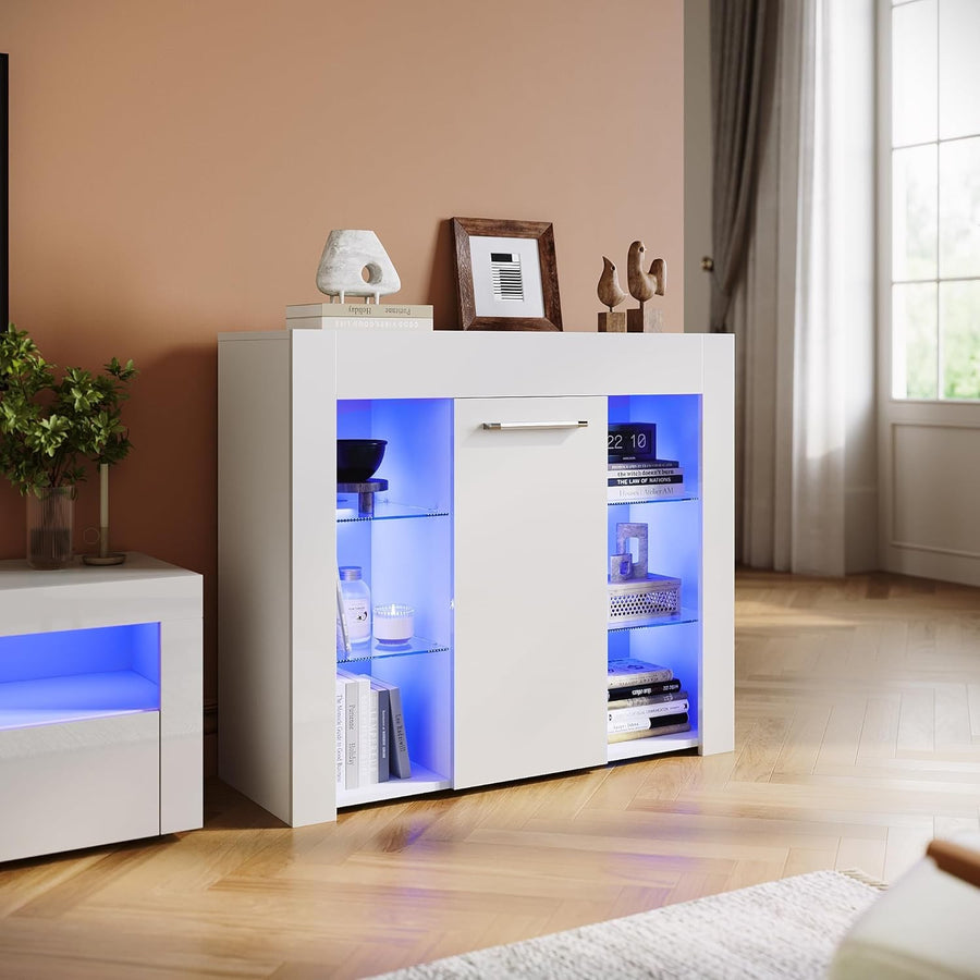 High Gloss LED Sideboard Display Cabinet with Glass Shelves White 83cm