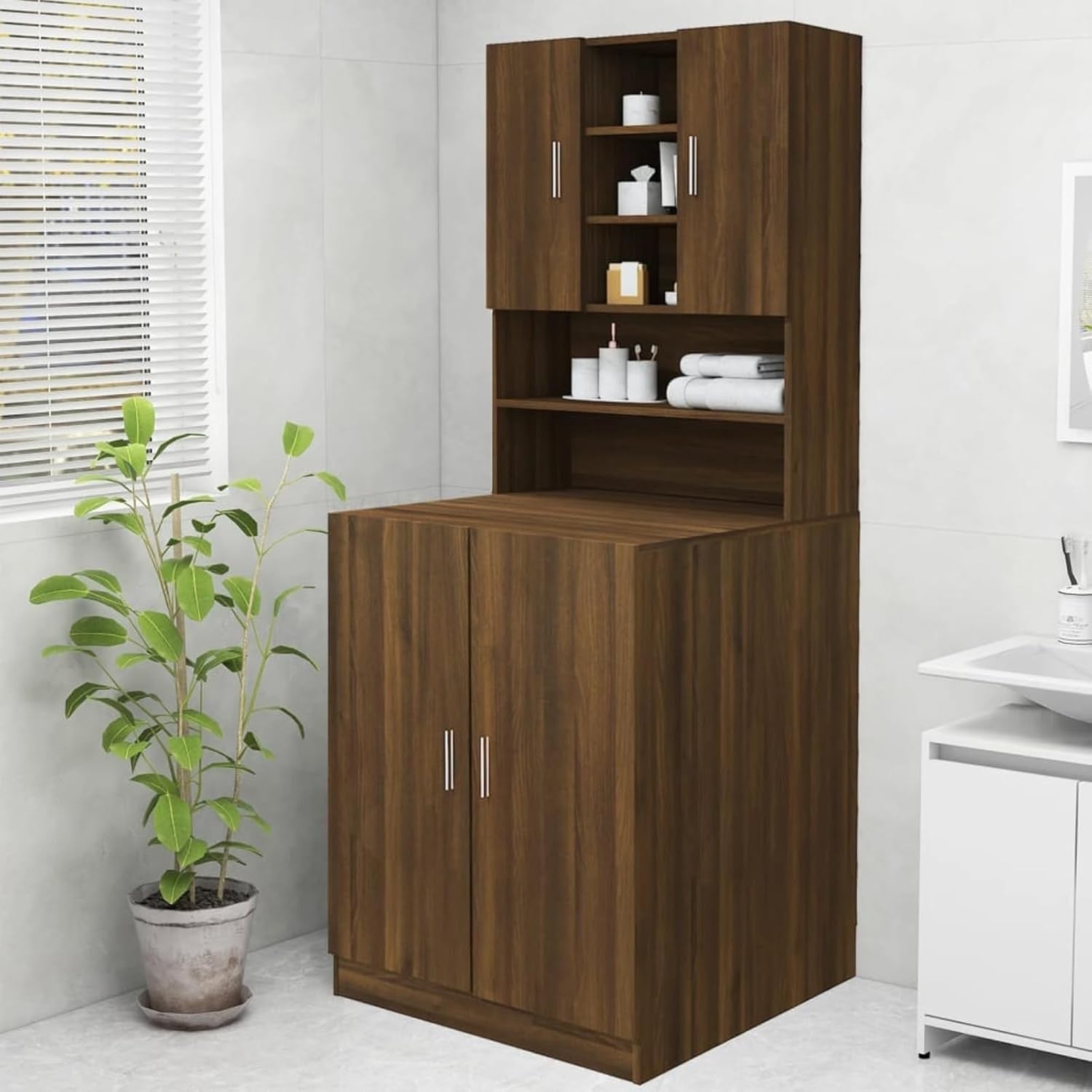 Brown Oak Washing Machine Cabinet Tall Laundry Storage Unit with Doors & Shelves