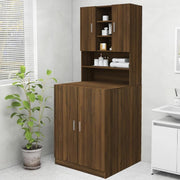 Brown Oak Washing Machine Cabinet Tall Laundry Storage Unit with Doors & Shelves